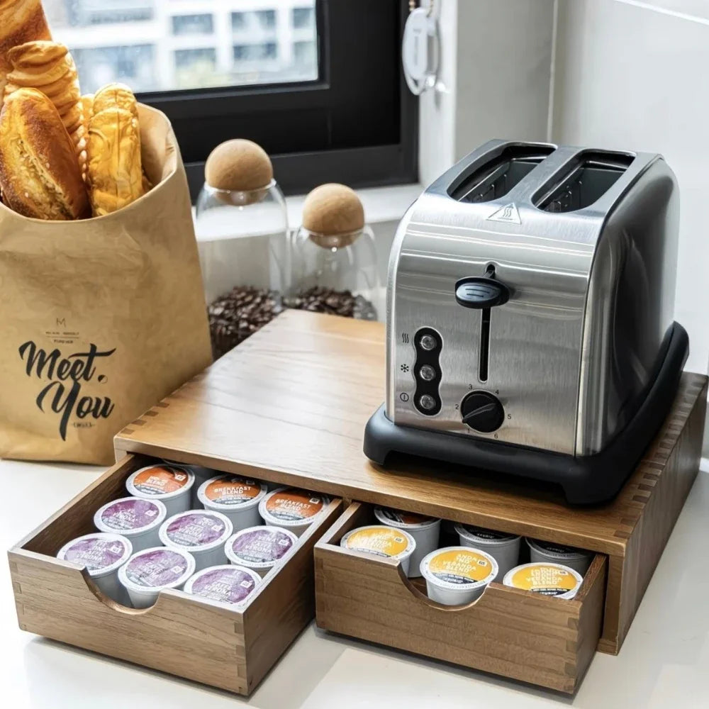 Tiroir de rangement en bois avec deux compartiments pour dosettes café et thé