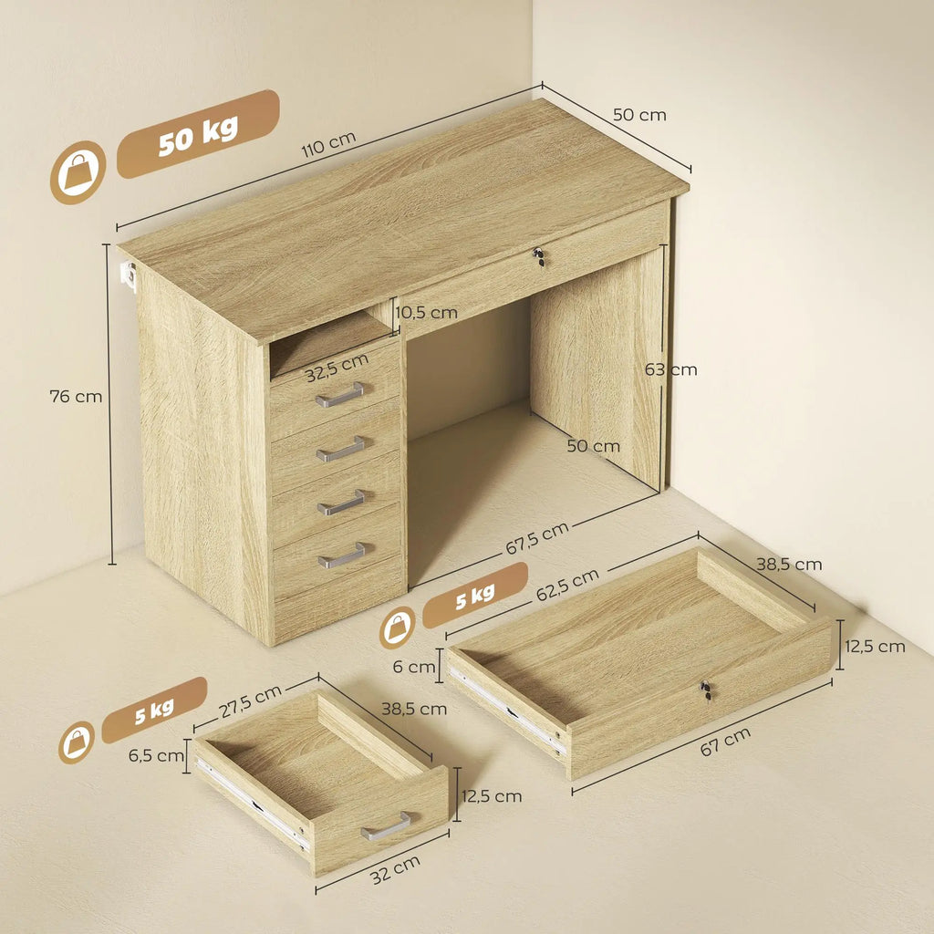 Bureau effet chêne avec 5 tiroirs et niche ouverte