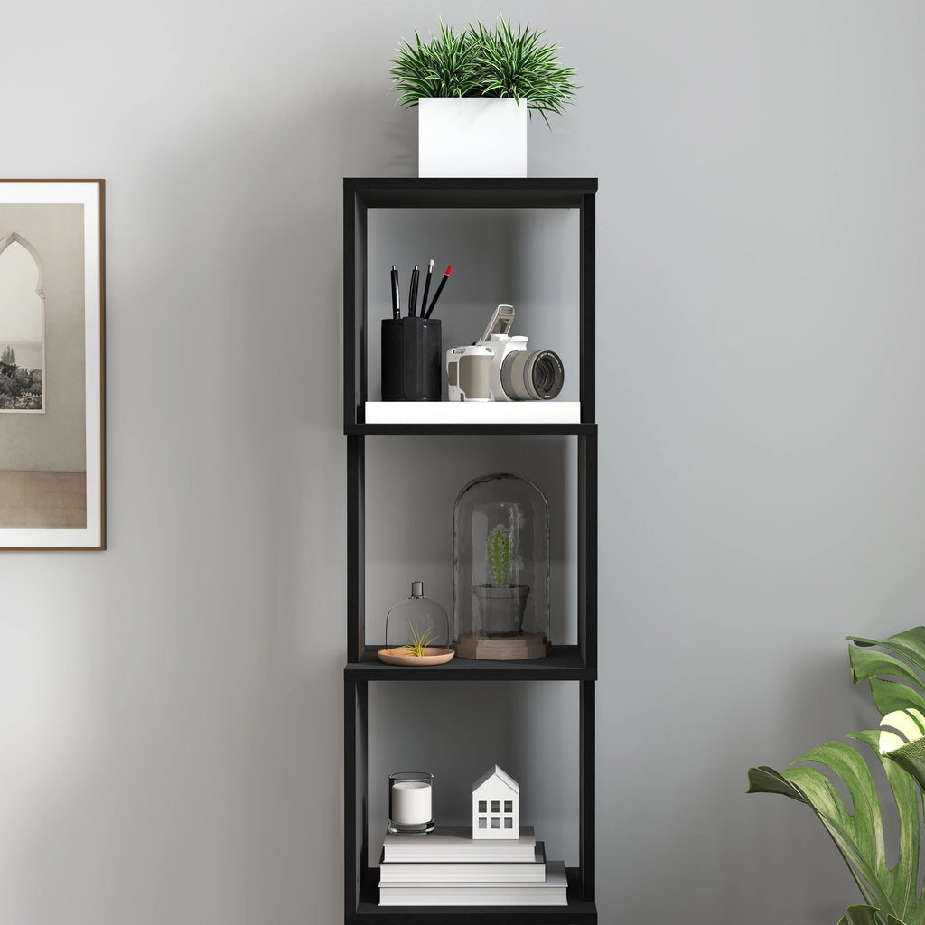 Bibliothèque étroite noire à 5 niveaux, hauteur 161 cm — livres exposés