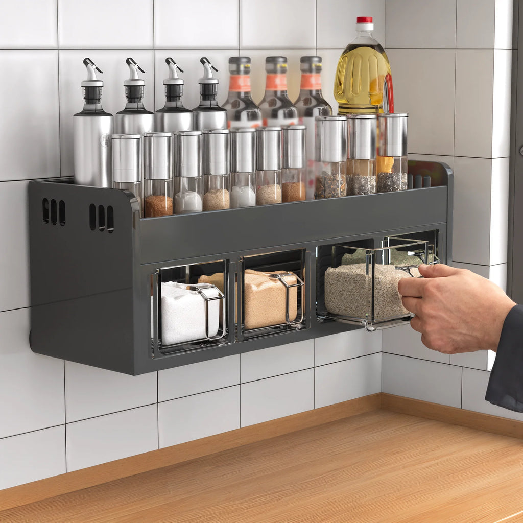 Étagère à épices murale avec 4 ou 5 pots — version grise à quatre pots