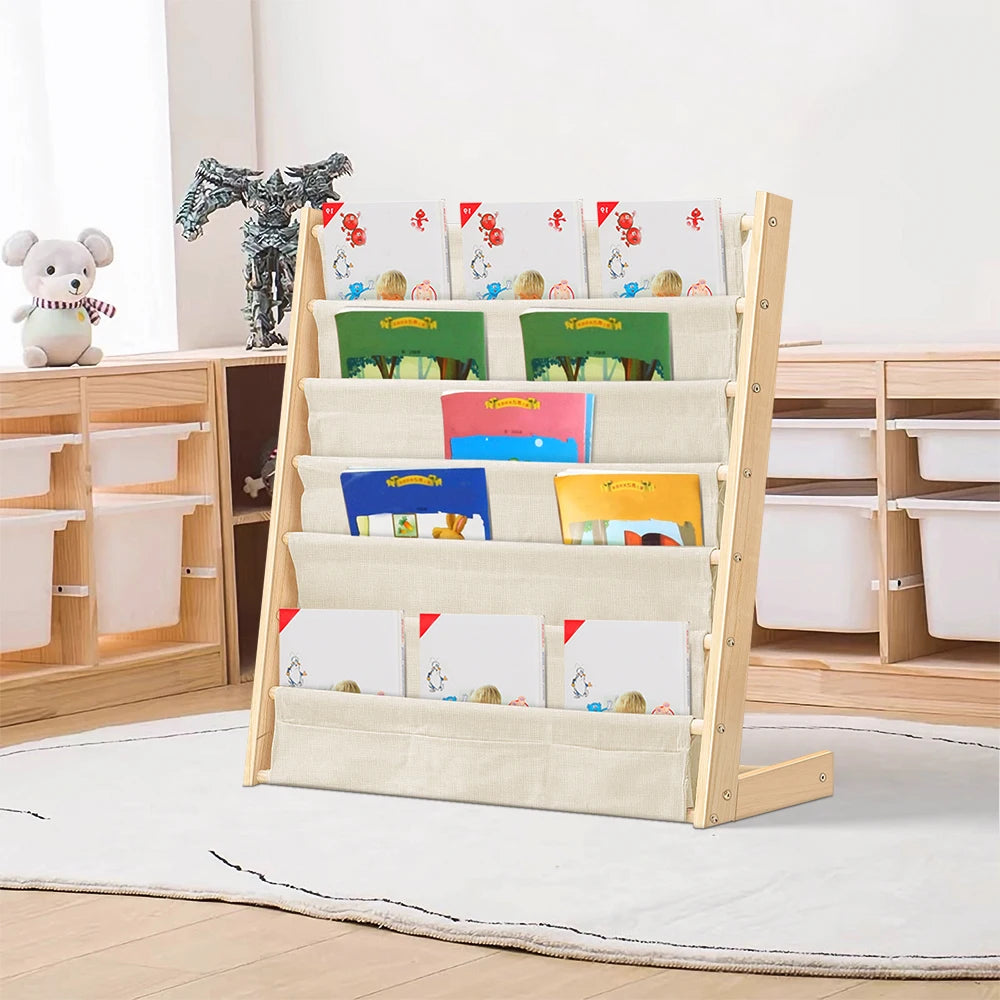 Bibliothèque enfant à 6 niveaux avec poches en tissu