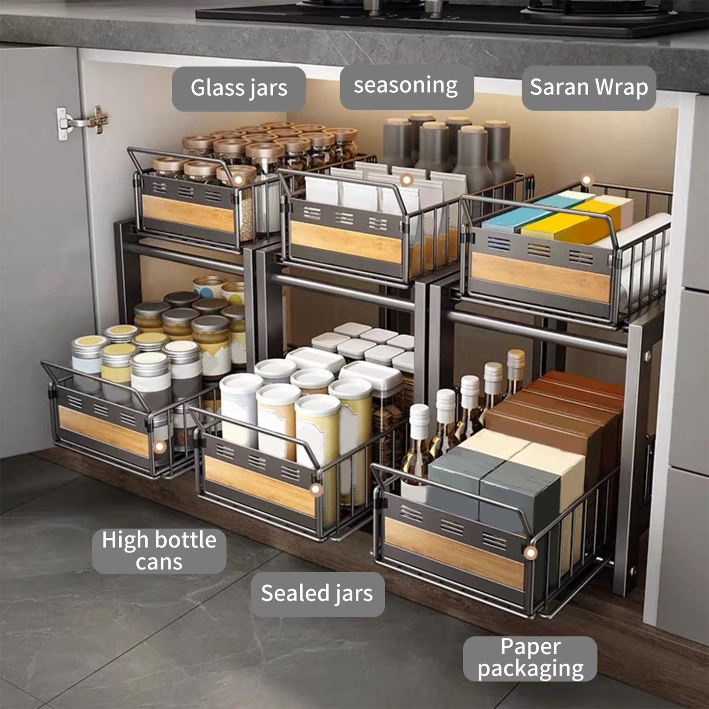Rangement Coulissant Sous Évier Réglable Double Tiers Pour Cuisine