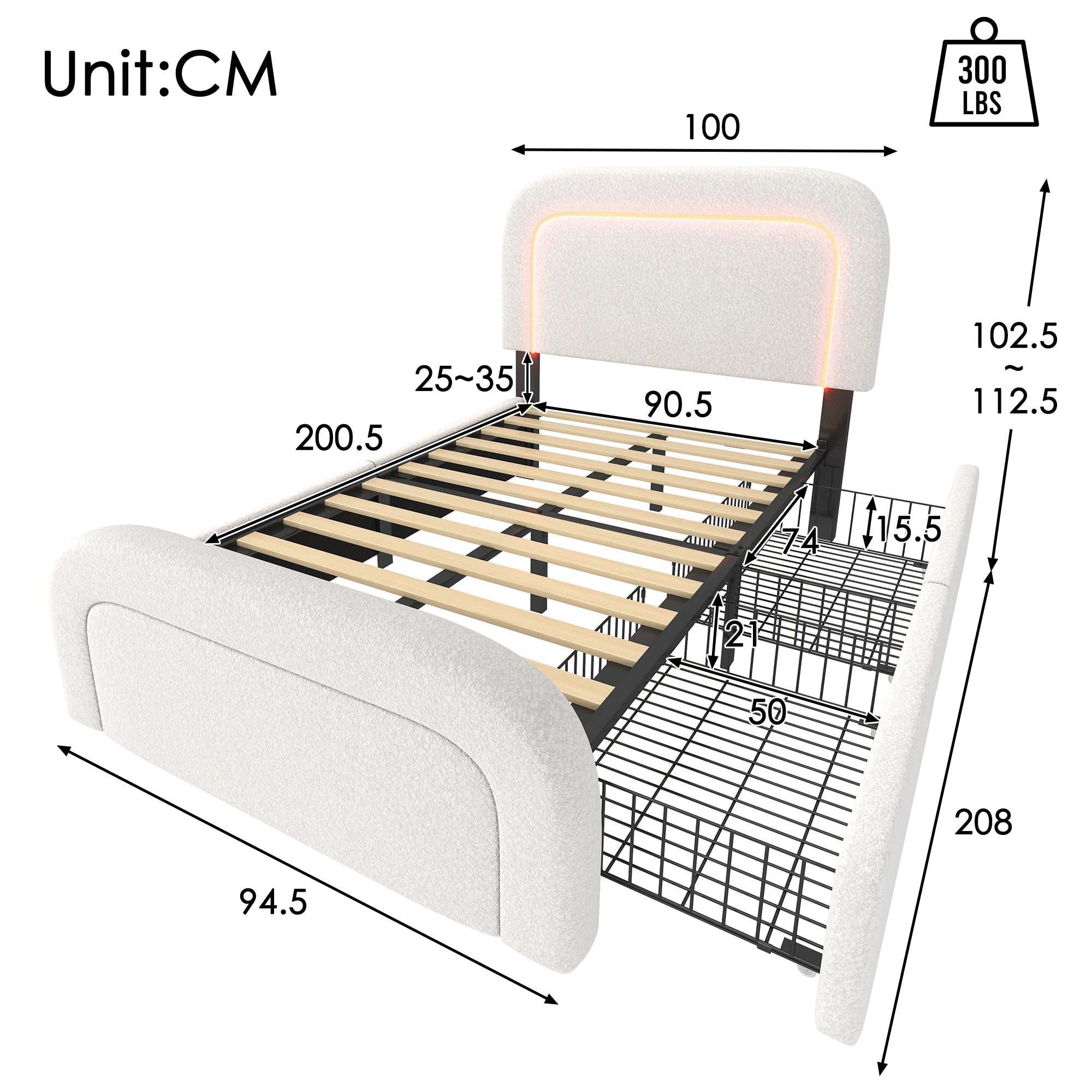 Lit avec LED, USB-C et 4 tiroirs