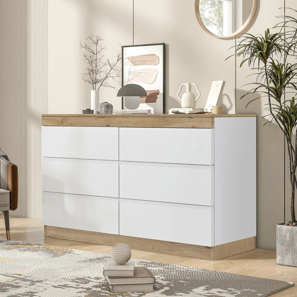 Commode 6 tiroirs blanc et chêne avec verrouillage