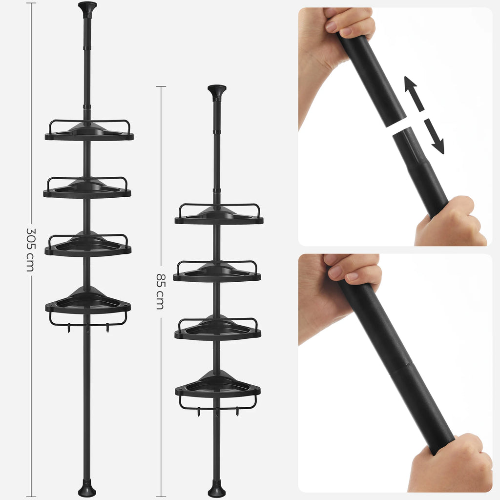 Étagère de douche noire, 4 niveaux télescopiques — réglage télescopique de 85 à 305 cm
