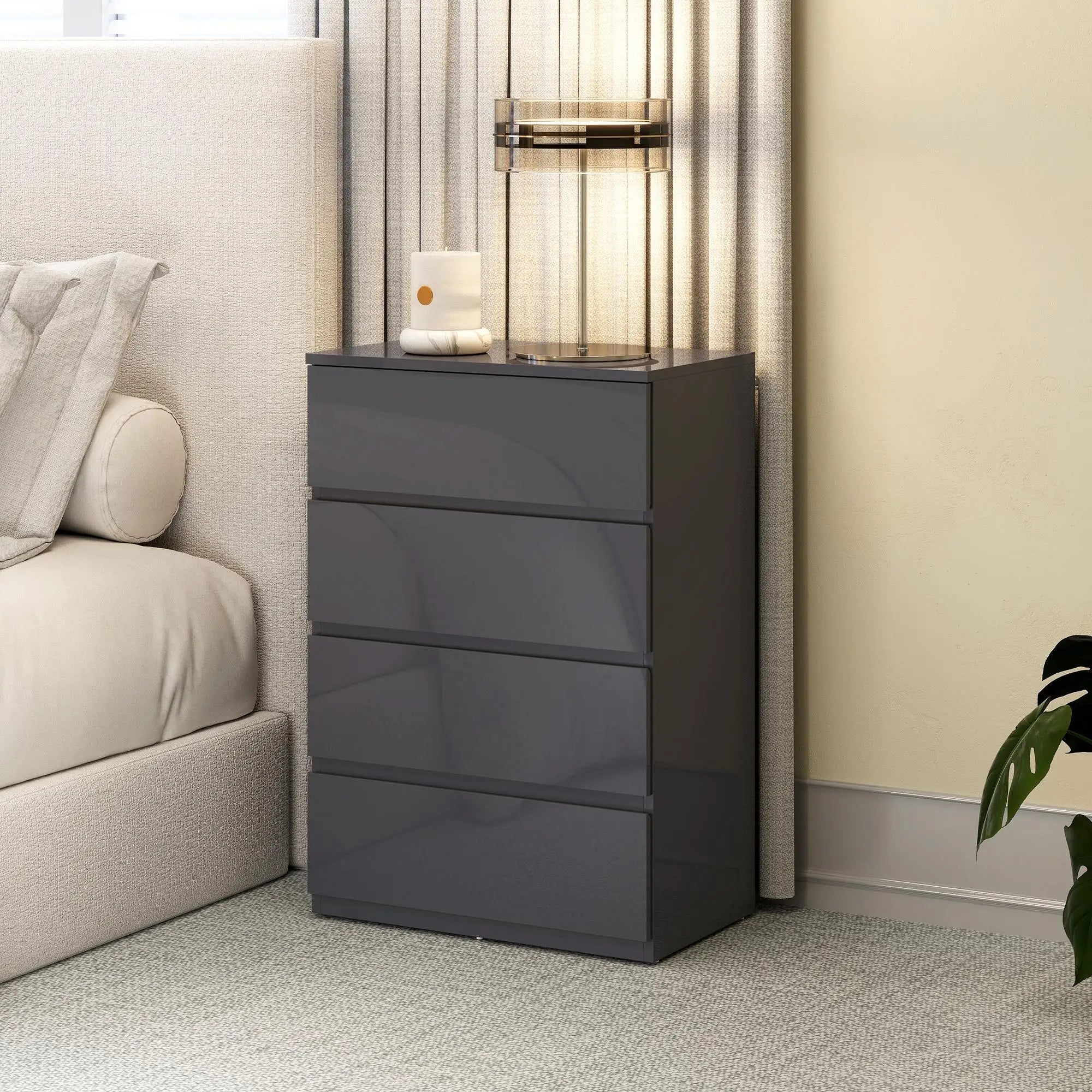 Commode gris brillant à 4 portes avec fermeture douce
