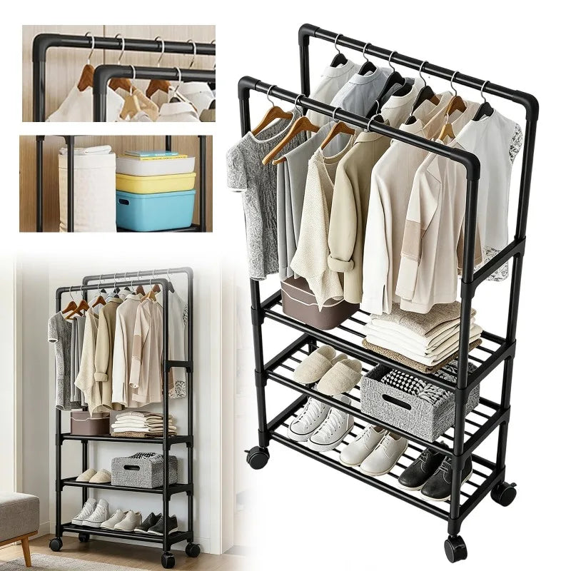 Portant compact noir à double barre et 3 étagères — double barre et trois niveaux de rangement