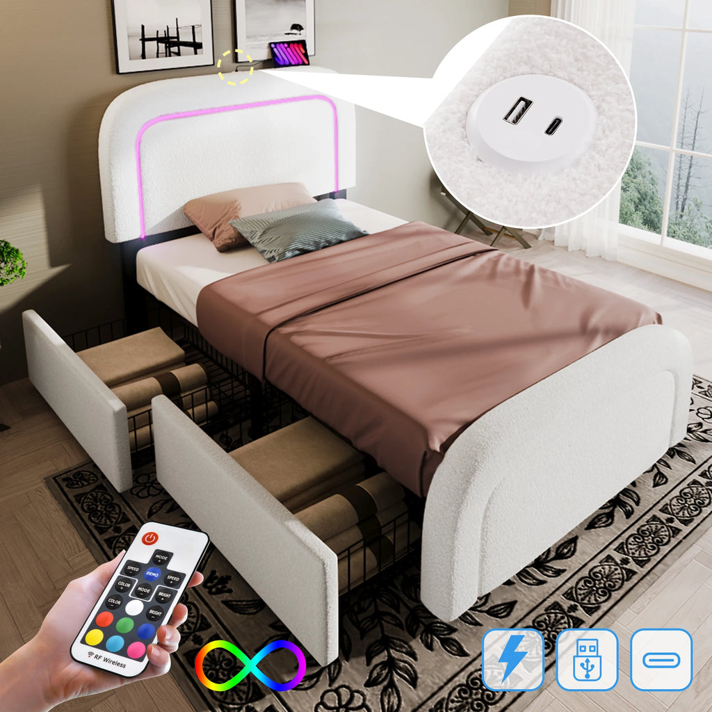Lit avec LED, USB-C et 4 tiroirs