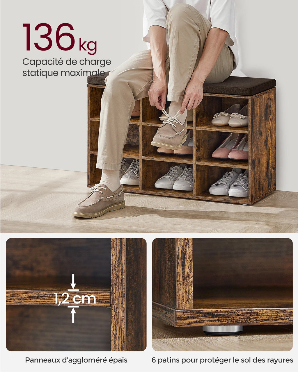 Banc à chaussures avec neuf cases et assise rembourrée, illustration 3