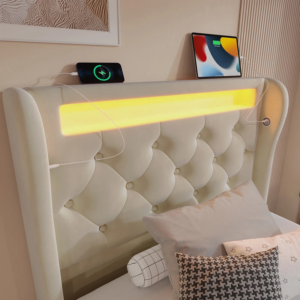 Lit coffre capitonné avec LED, USB et USB-C