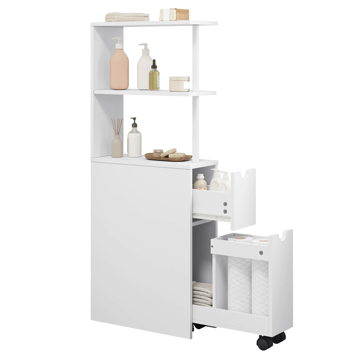 Meuble étroit de salle de bain à rangements coulissants