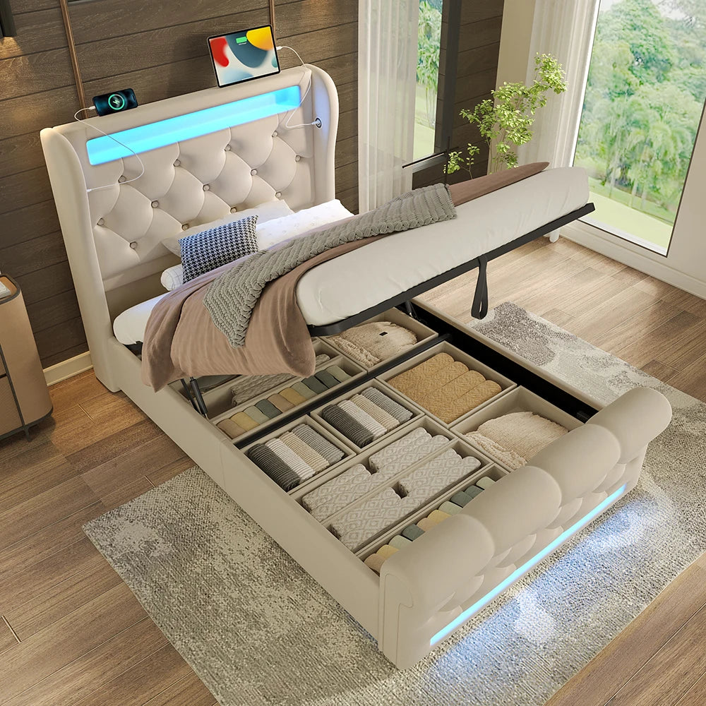 Lit coffre capitonné avec LED, USB et USB-C