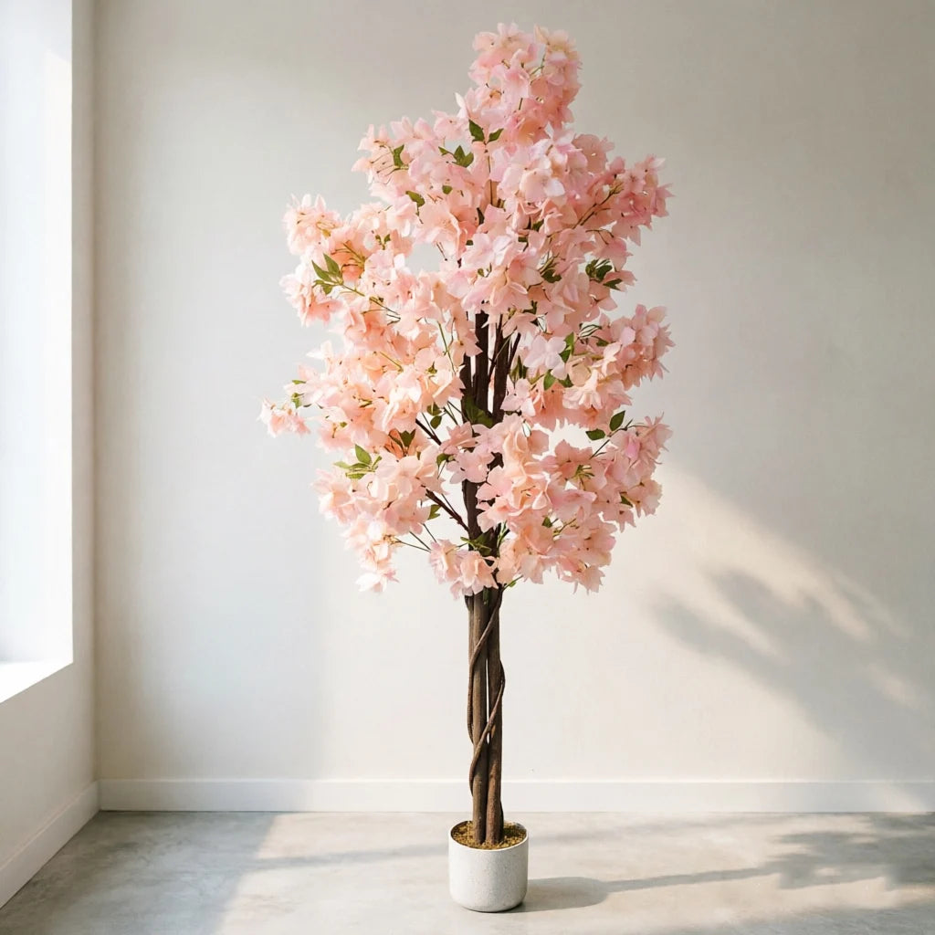 Arbre artificiel de cerisier en pot, fleurs rose clair et feuillage vert.