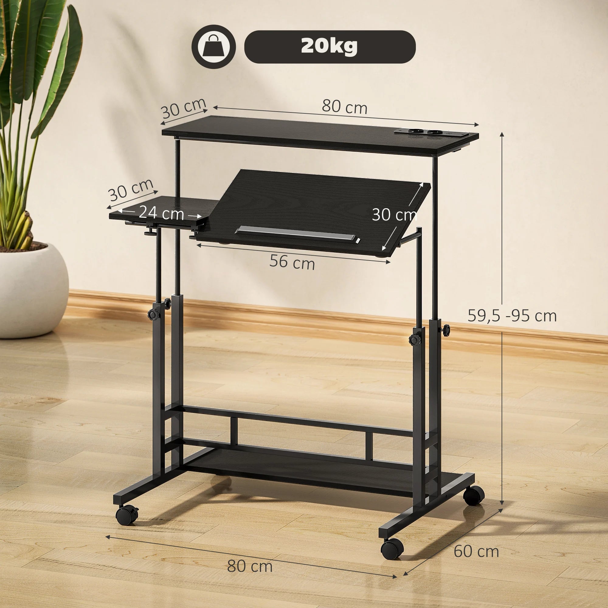 Bureau mobile réglable 80 × 60 cm avec prises USB