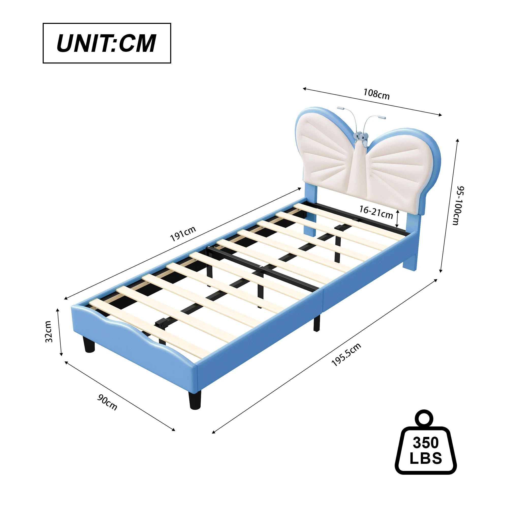 Lit enfant papillon avec lampe de lecture 90 × 200 cm