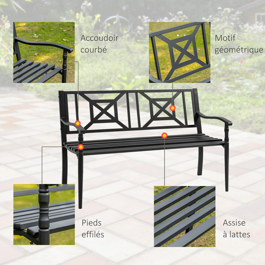 Banc de jardin noir 2 places : accoudoirs courbés, motif géométrique, assise à lattes