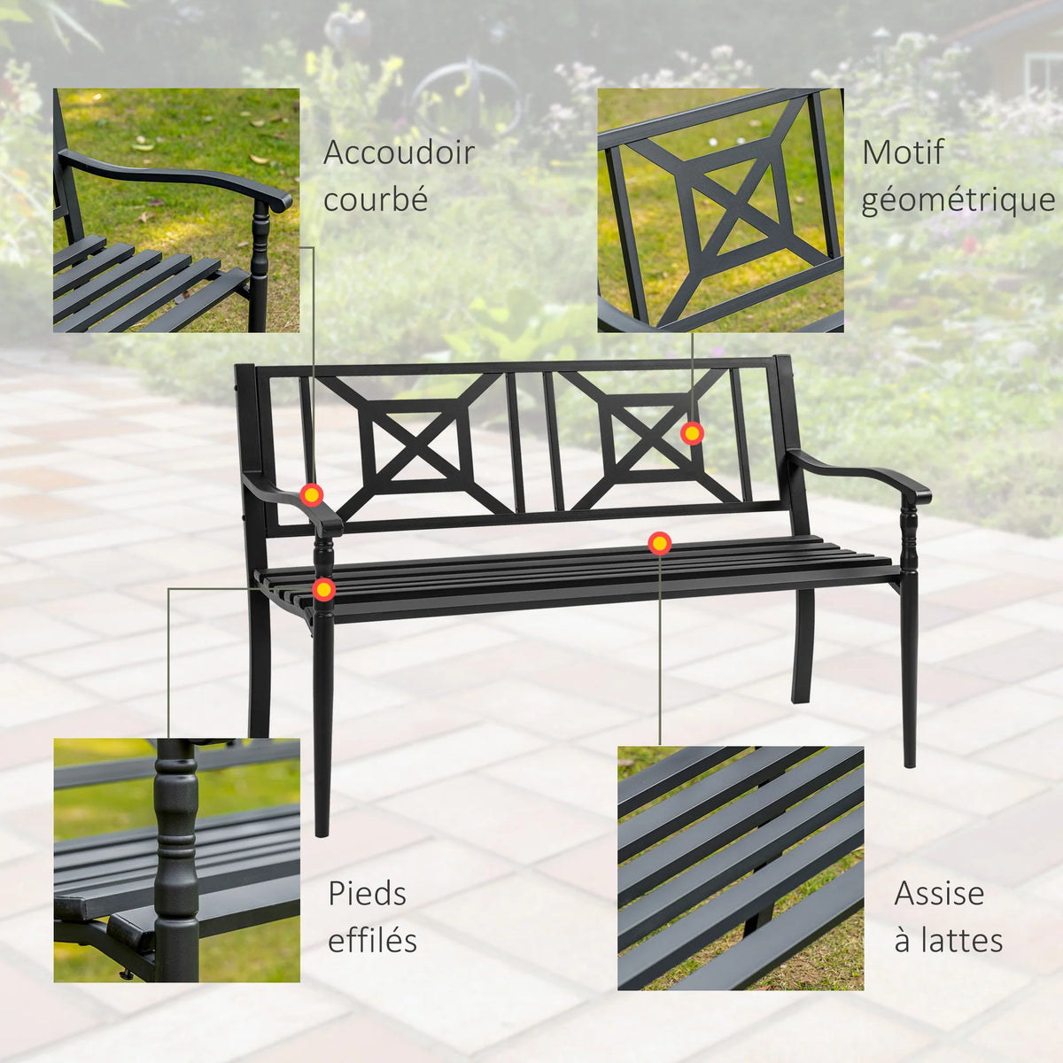 Banc de jardin noir 2 places : accoudoirs courbés, motif géométrique, assise à lattes