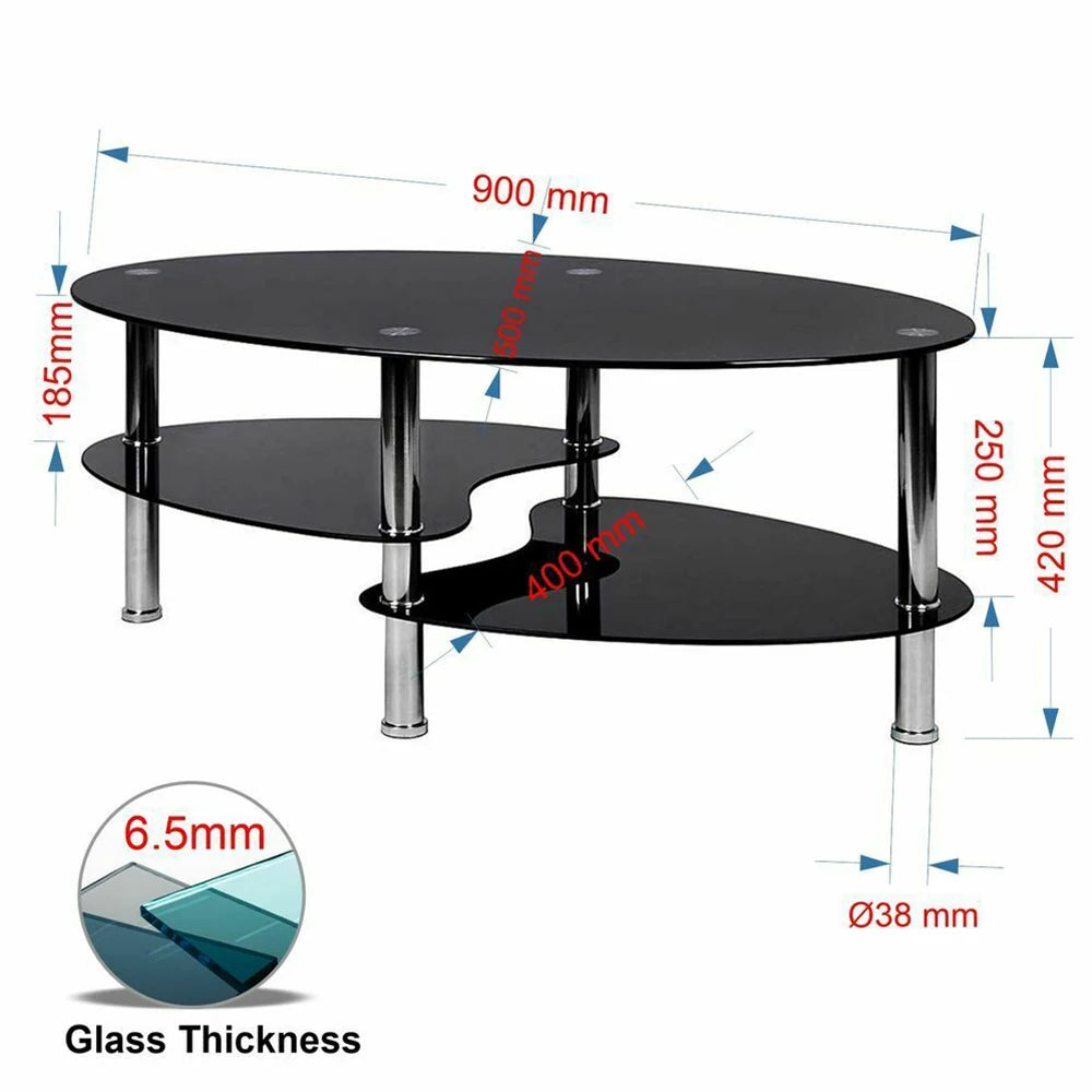 Table basse ovale en verre à 3 niveaux 90 × 50 cm
