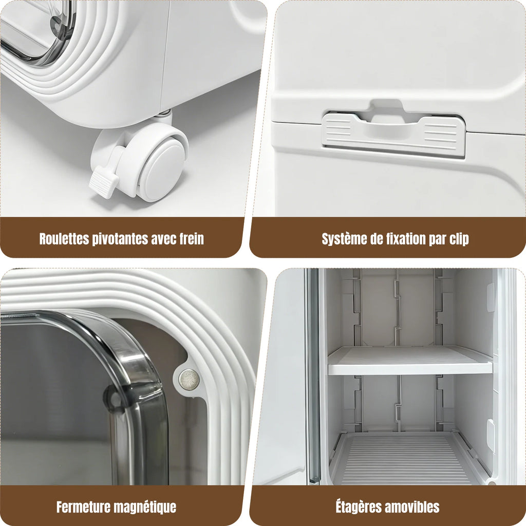 Colonne de rangement pliable à 3 niveaux sur roulettes — roulettes, fermeture magnétique et tablettes