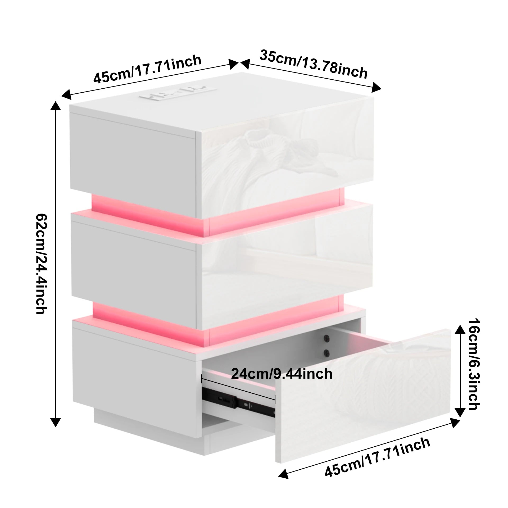 Table de chevet LED 16 couleurs avec 3 tiroirs