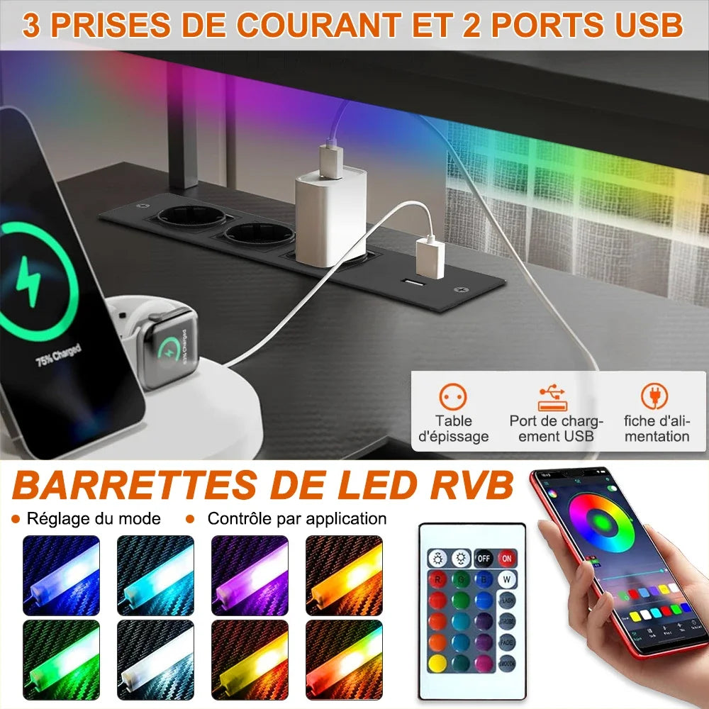 Bureau d’angle gaming 136 × 75 cm avec LED et USB