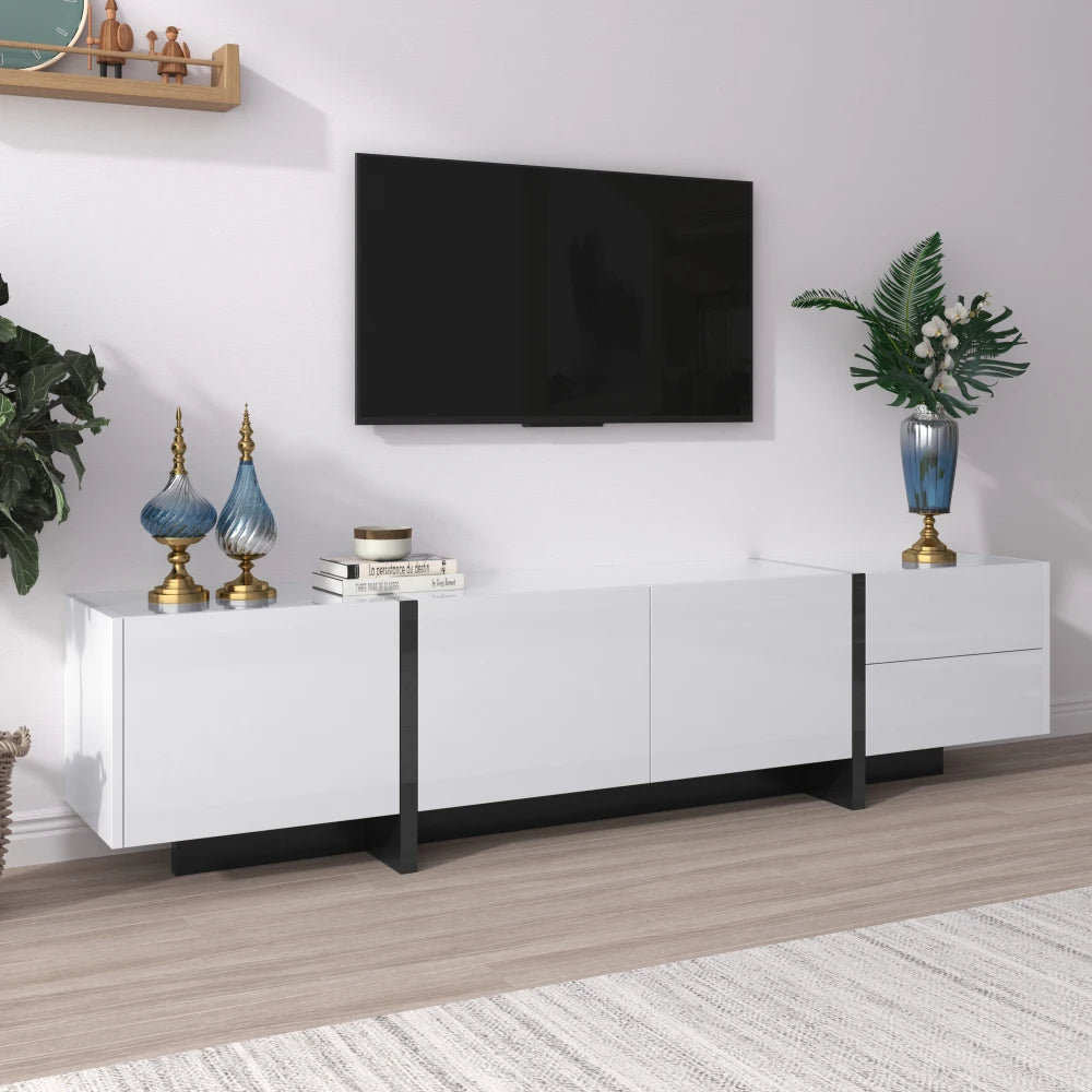 Meuble TV bas de 190 cm aux façades blanches et noires, visuel 1