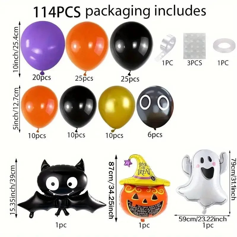 Kit arche de ballons Halloween : composition détaillée du kit de 114 pièces.
