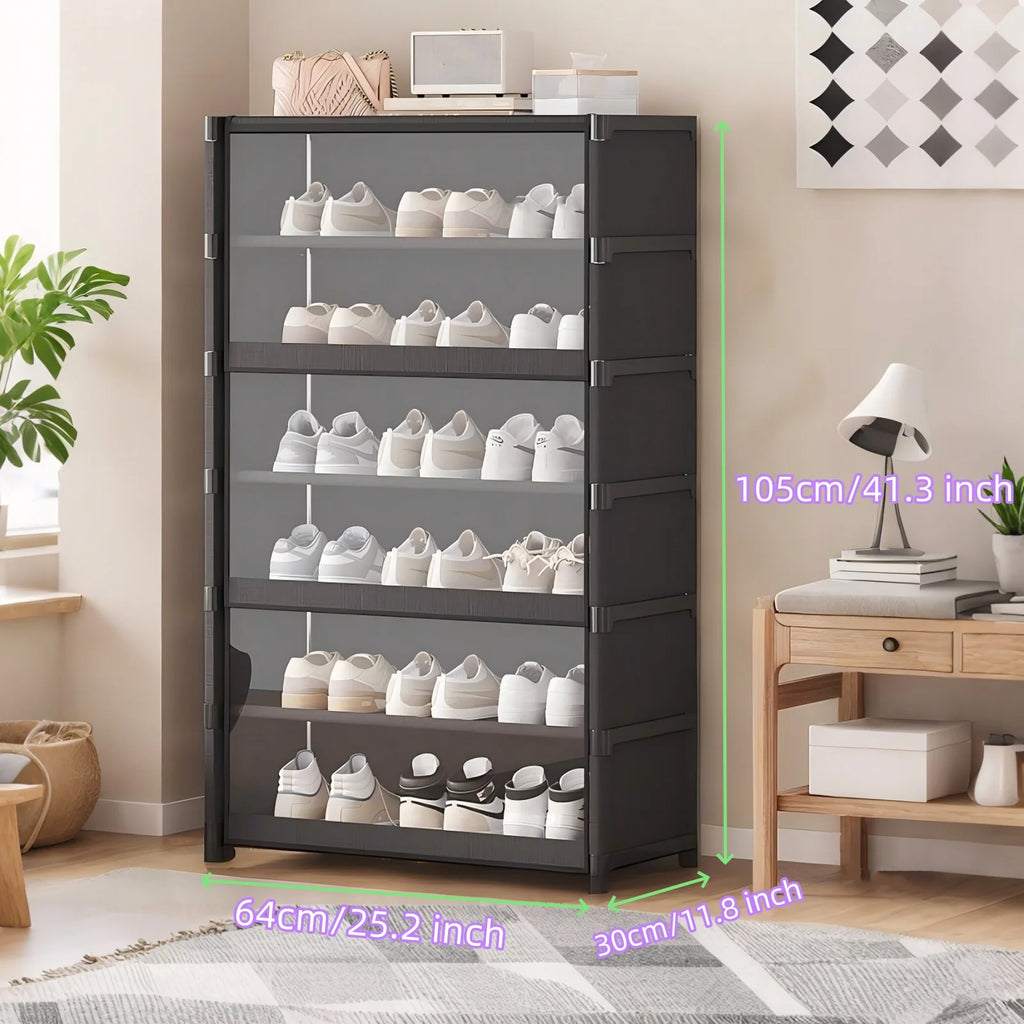 Meuble à chaussures noir avec portes transparentes et plusieurs niveaux, version noire 7 niveaux