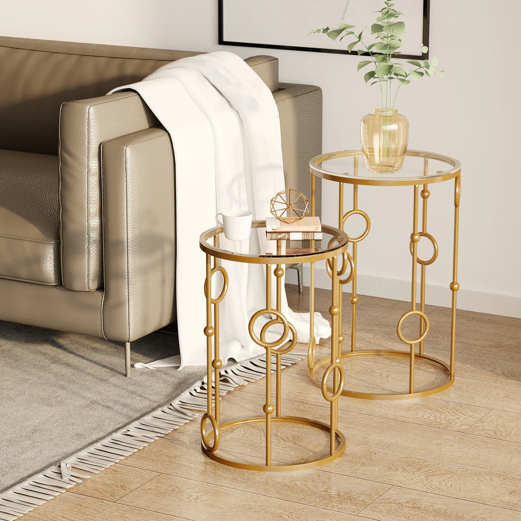 Lot de 2 tables gigognes en verre et métal doré