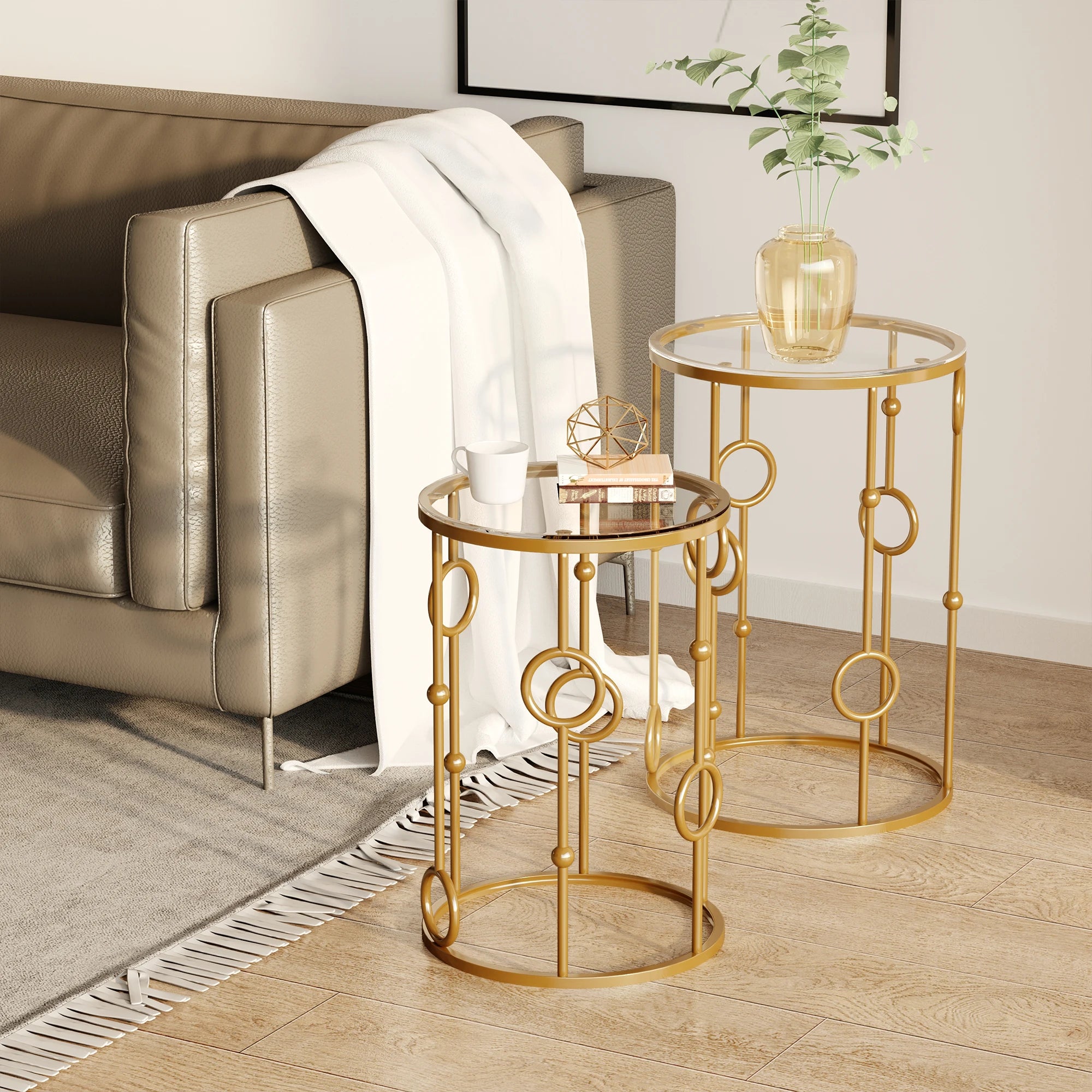 Lot de 2 tables gigognes en verre et métal doré