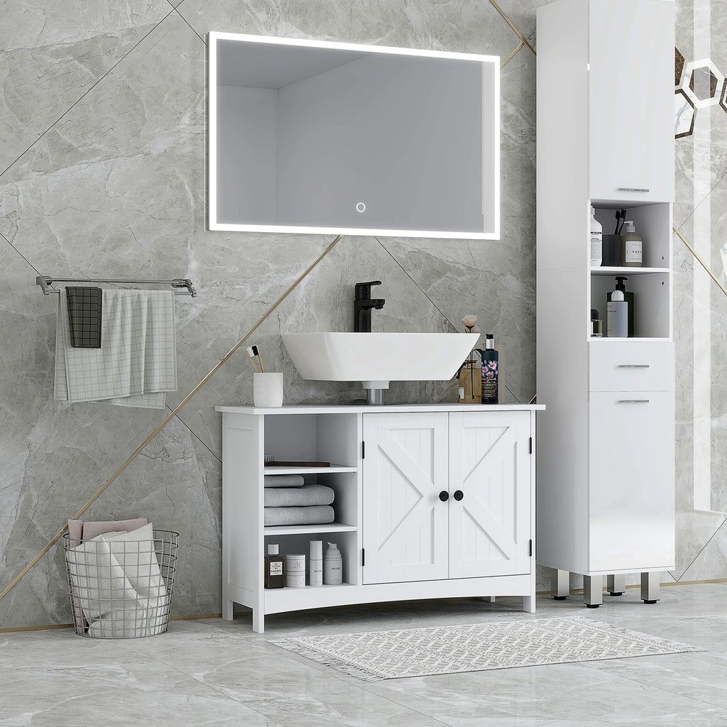 Meuble sous lavabo blanc, 2 portes et niches — meuble installé sous un lavabo