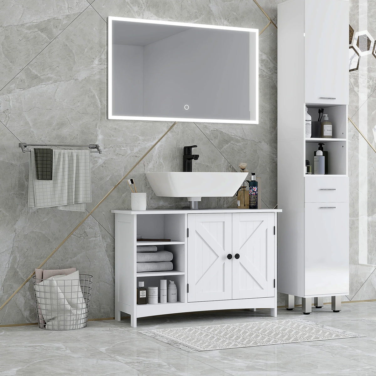 Meuble sous lavabo blanc, 2 portes et niches — meuble installé sous un lavabo