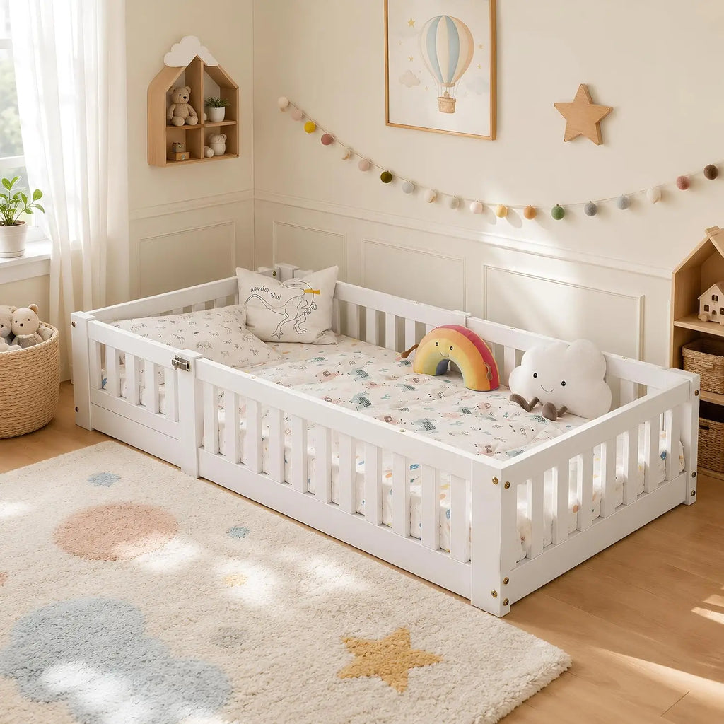 Lit Montessori en pin avec barrières et porte