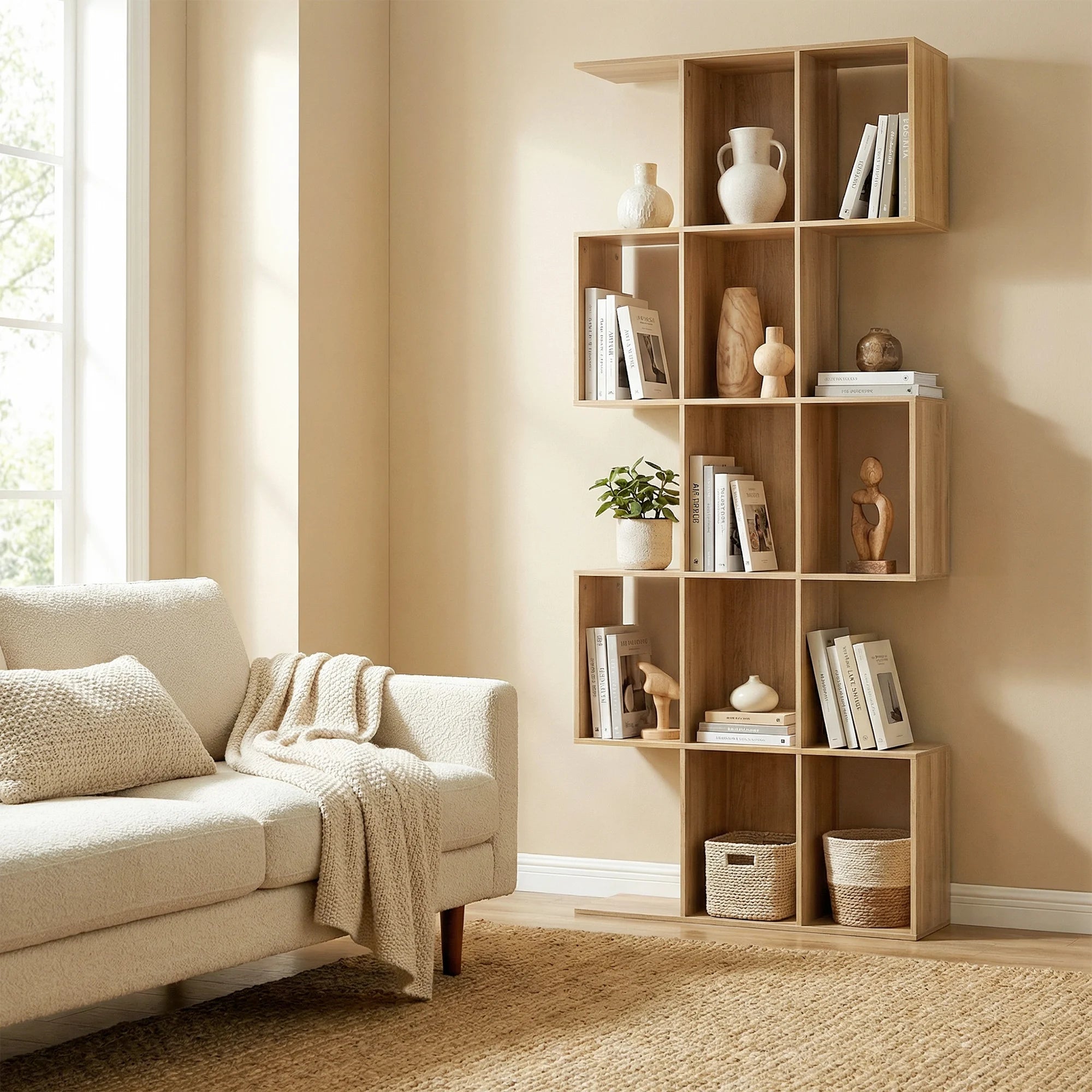 Bibliothèque en S à 5 niveaux et 15 niches