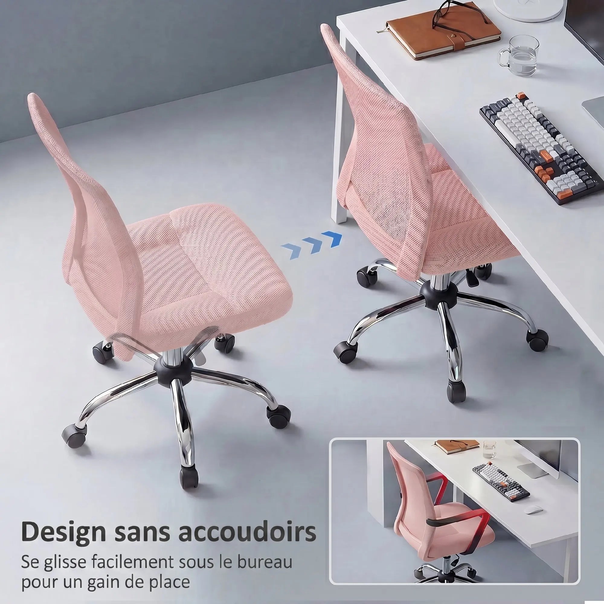 Chaise de bureau rose en maille réglable et pivotante