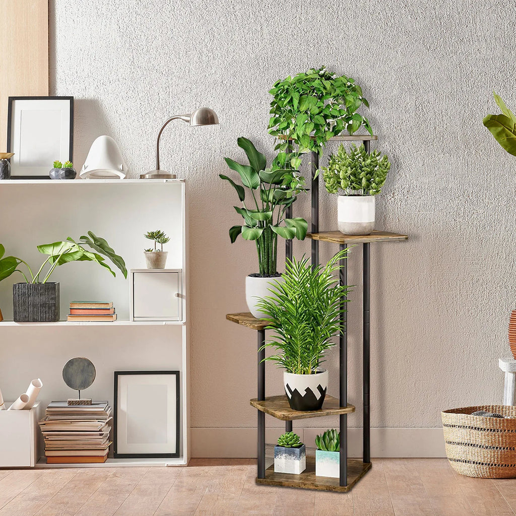 Support à plantes vintage en bois et métal à 5 niveaux