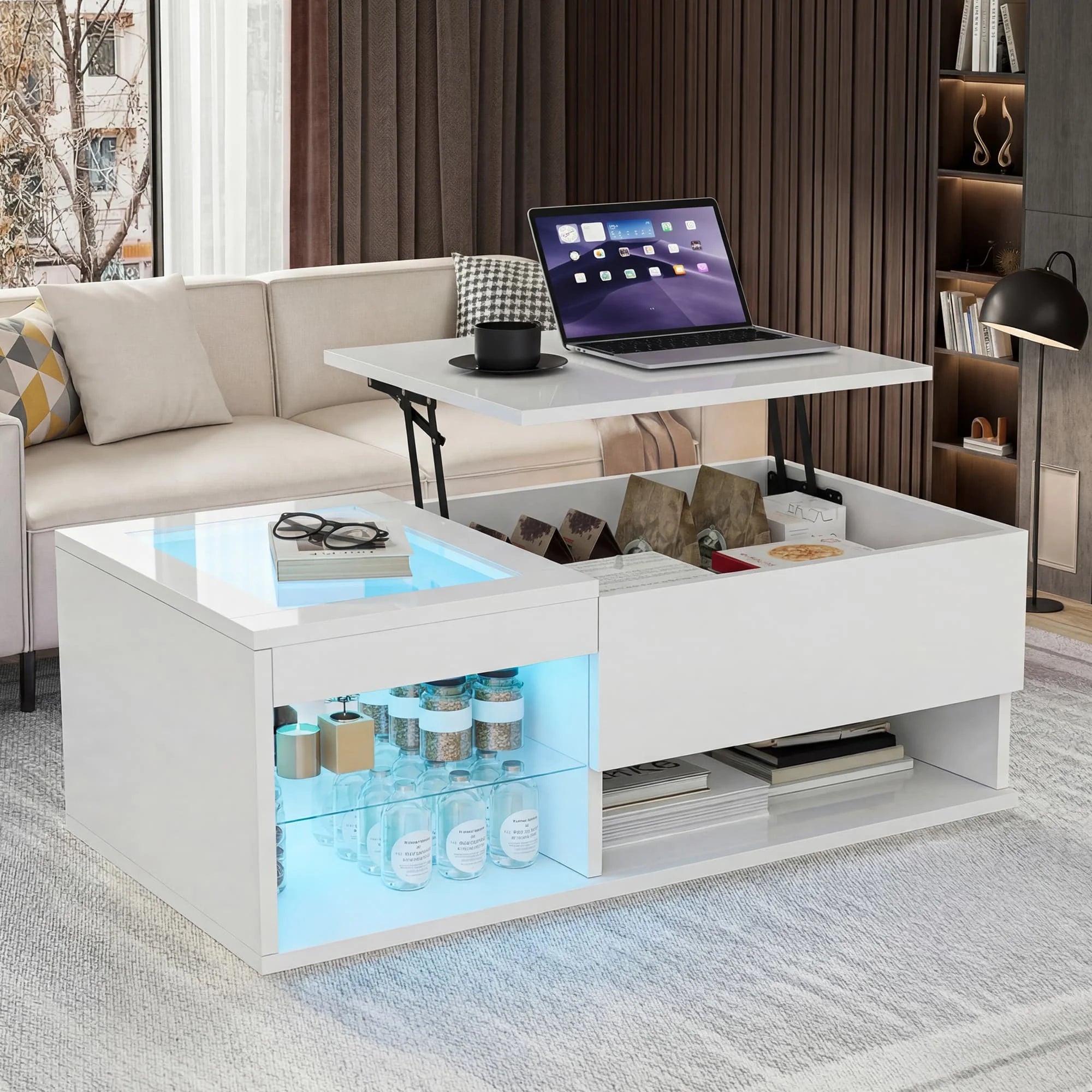 Table basse relevable LED avec rangement 100 × 55 cm