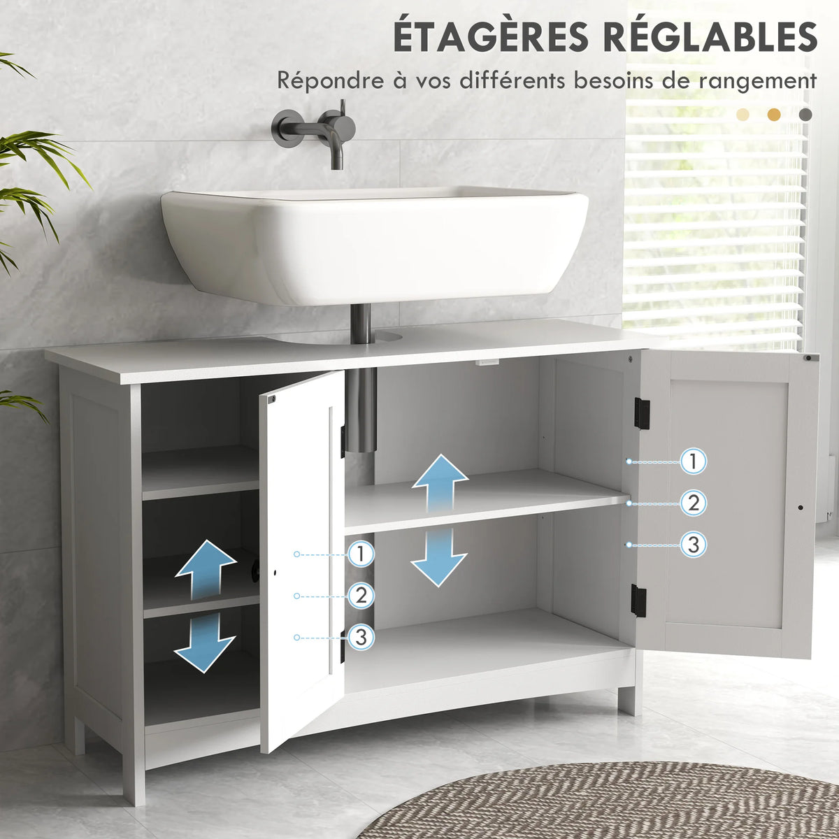 Meuble sous lavabo blanc, 2 portes et niches — réglage des étagères