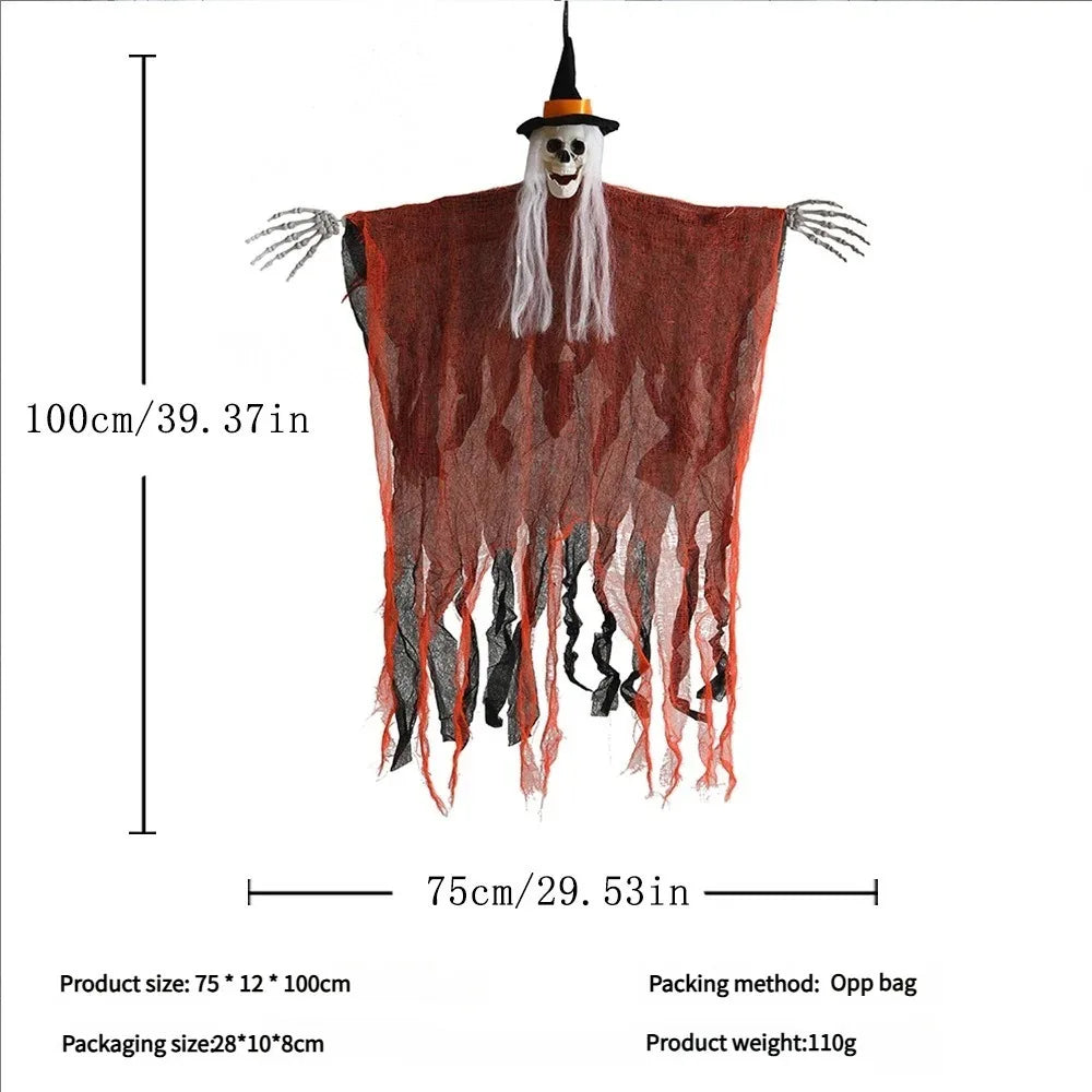 Sorcière squelette à suspendre pour Halloween : schéma de dimensions 100 × 75 cm.