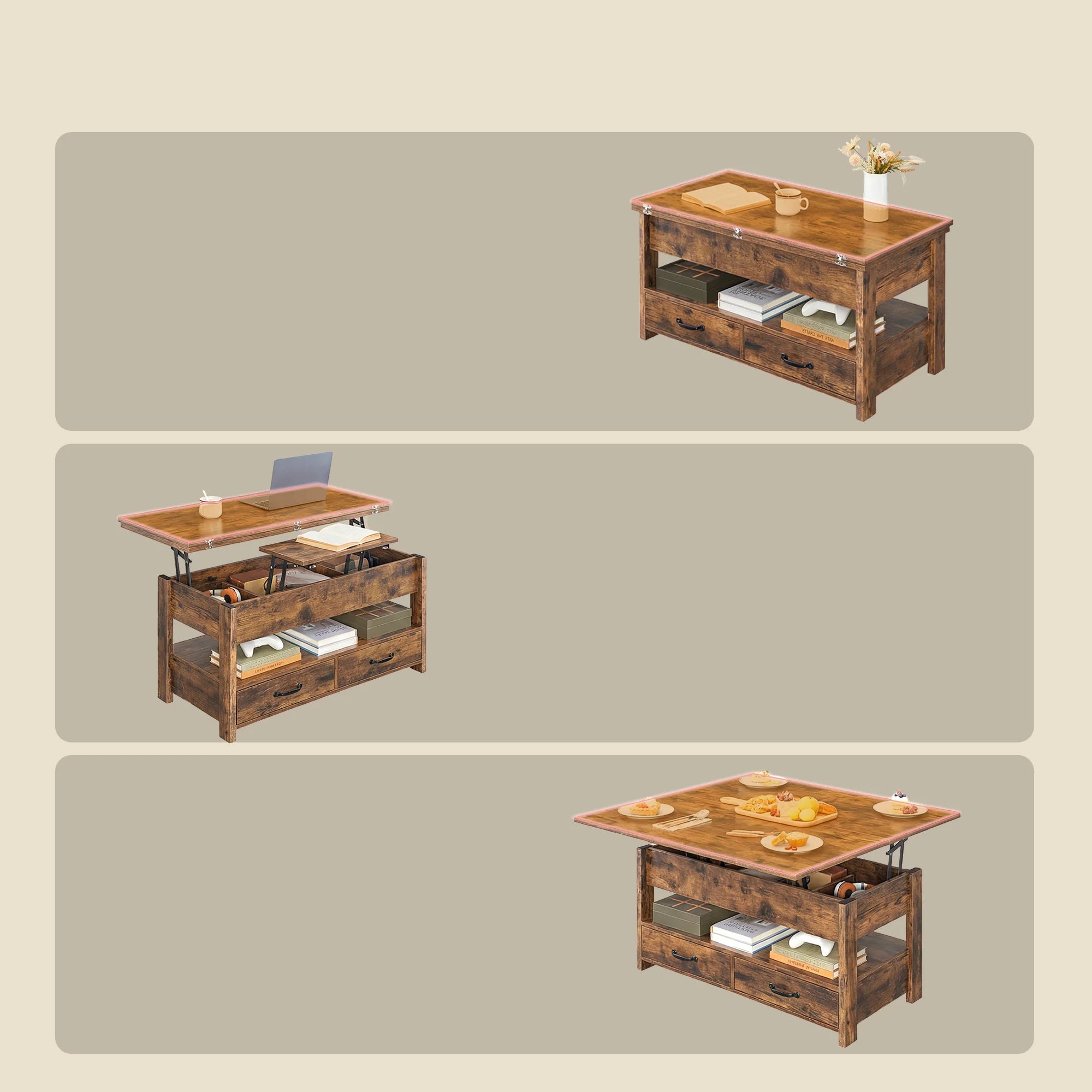 Table basse relevable à vérin avec 2 tiroirs
