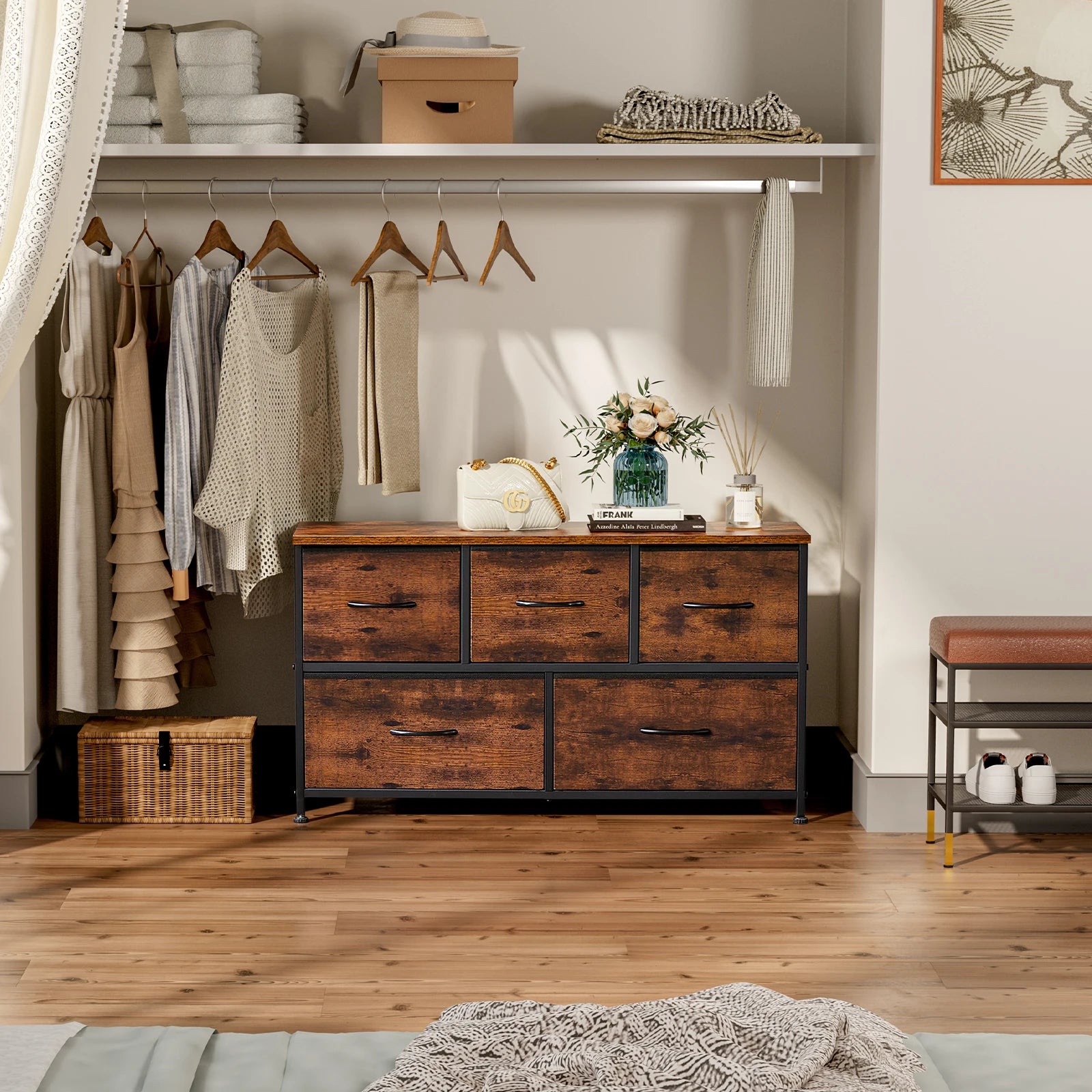 Commode en tissu à 5 tiroirs avec cadre en acier