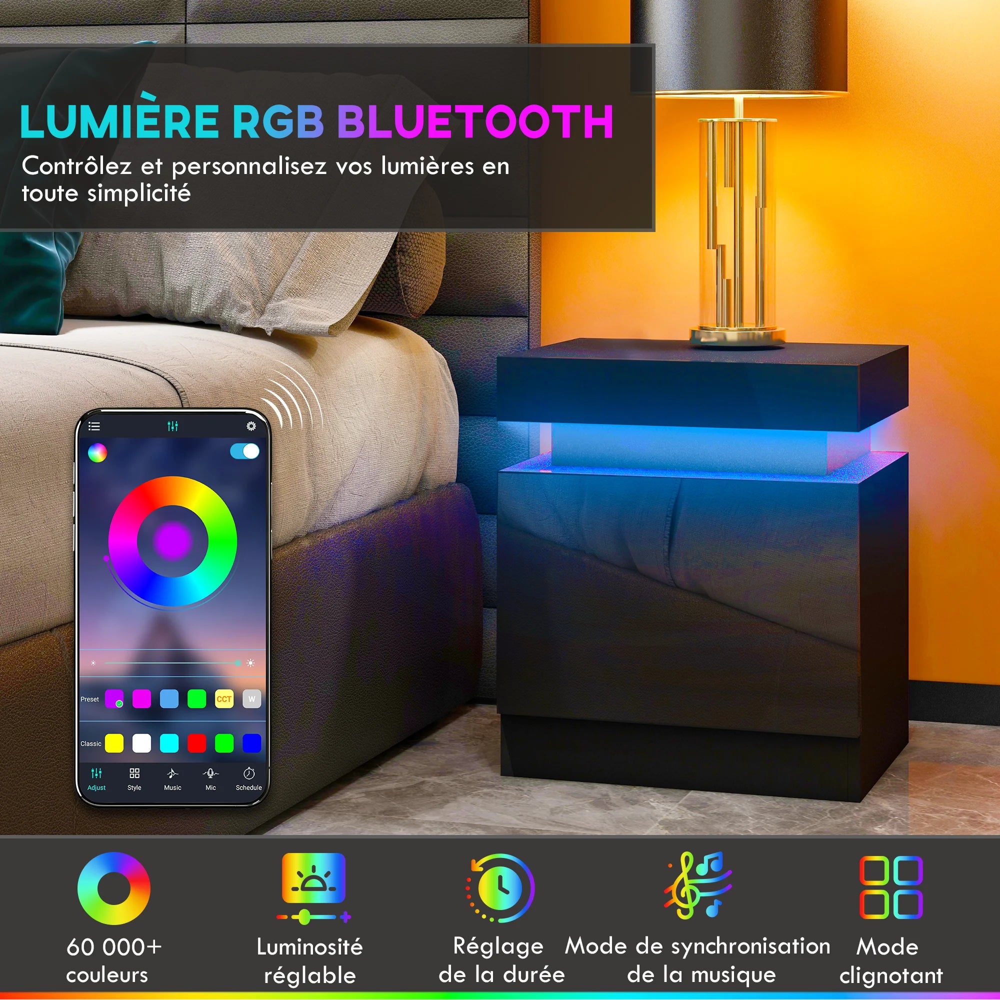 Table de chevet LED RVB brillante avec 2 tiroirs