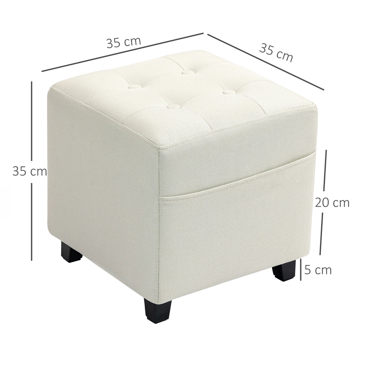 Pouf repose-pieds crème avec poche latérale, 35 cm — schéma des dimensions