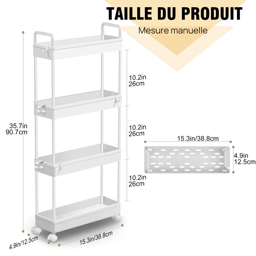 Chariot de rangement étroit à 4 niveaux sur roulettes