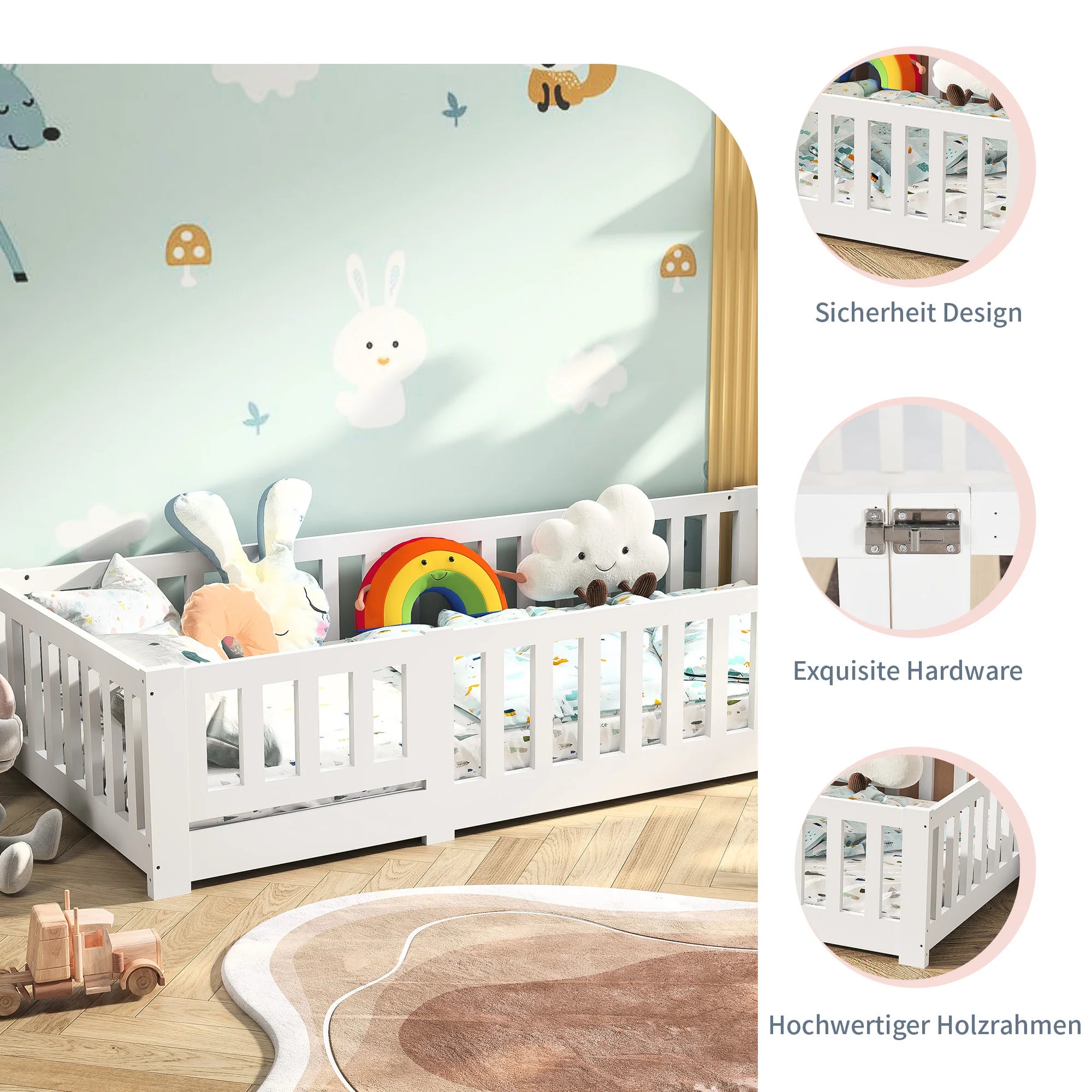 Lit Montessori en pin avec barrières et porte
