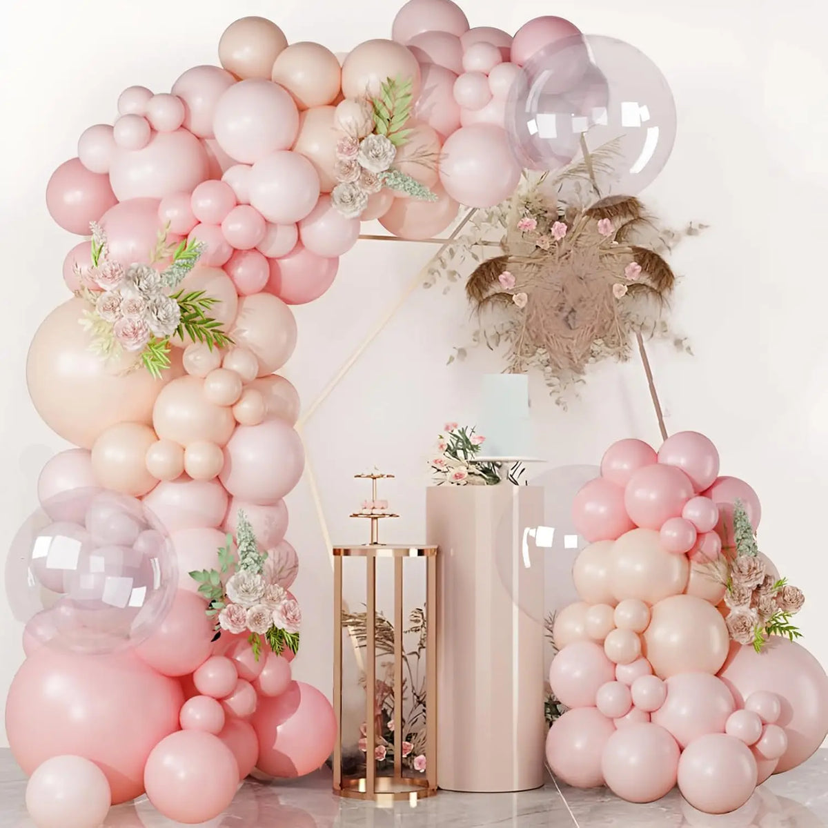 Kit arche de ballons 185 pièces, beige ou rose pastel — ballons autour d’un panneau