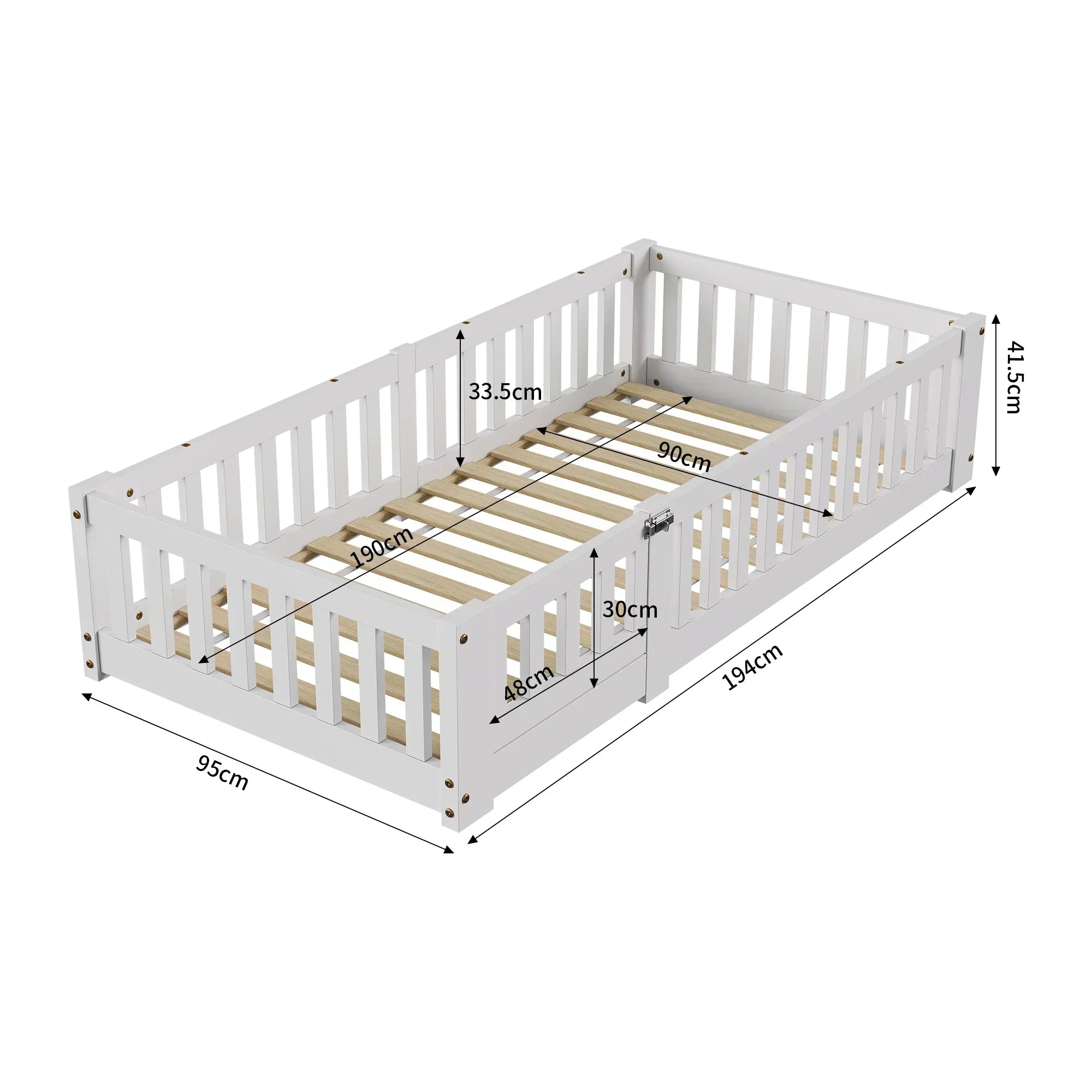 Lit Montessori en pin avec barrières et porte