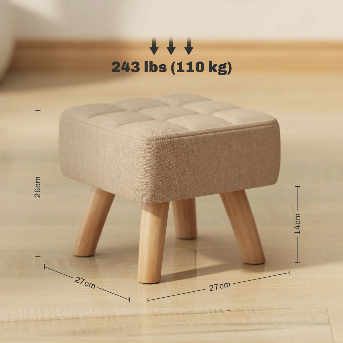 Repose-pieds beige rembourré avec pieds en bois — dimensions et charge fournisseur