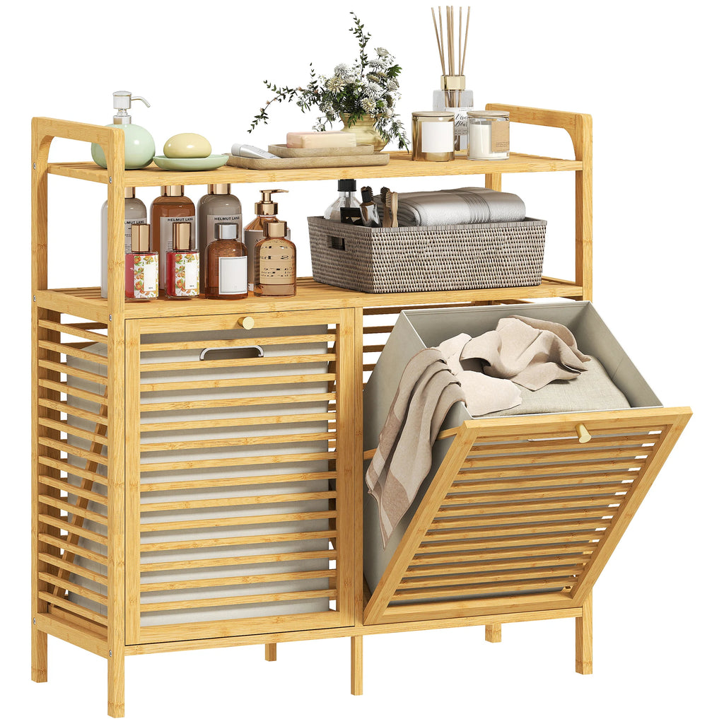 Meuble à linge en bambou, simple ou double — bambou naturel et sacs à linge