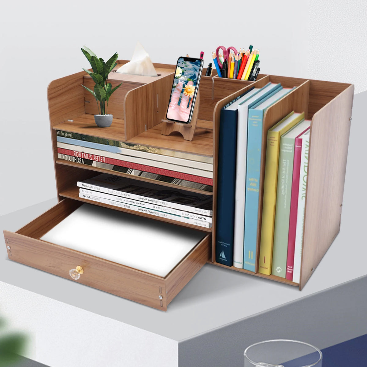 Organisateur de bureau en bois avec tiroir, 48 cm — classement des dossiers